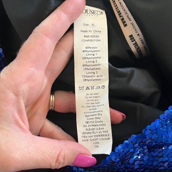 NWT House of CB London Gisele Blue Sequin Draped Strapless Mini Dress XS - Picture 7 of 13